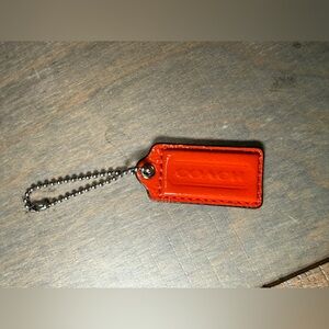 Coach Red-Orange Patent Leather Tag Keychain with Silver Chain